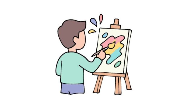 Young boy artist painting on canvas easel cartoon illustration