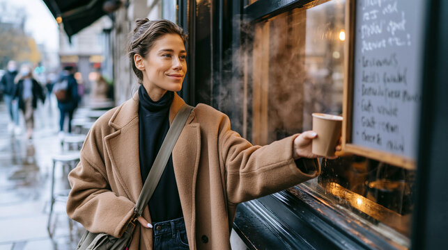 Young millennial woman holding hot coffee in a compostable paper cup, standing by a cafe window on a chilly day