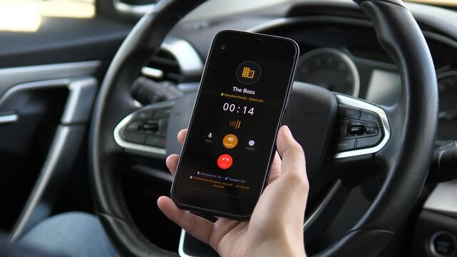 Active call with The Boss on a smartphone. The screen displays a yellow building icon, timer, and Executive Priority label. Perfect for corporate visuals, leadership communication, and business stock.