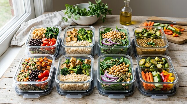 Veggie meal prep containers on wooden table
