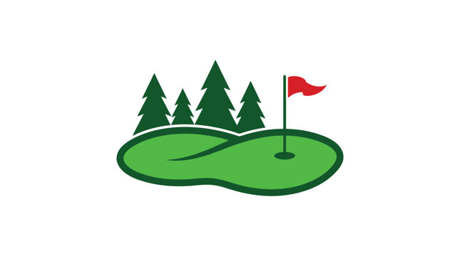 Minimalist vector illustration showing a green golf putting hole with a bright red championship flag