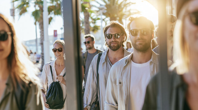 Passengers disembarking a train on sunny day, walking towards camera, ready for their journey or destination