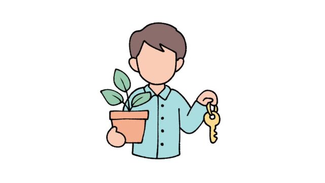 Man Holding House Key and Potted Plant Illustration