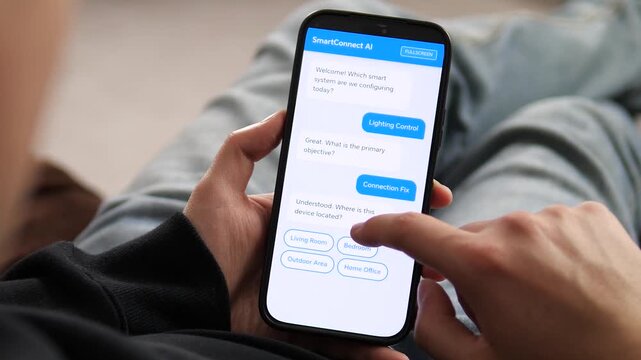 Using SmartConnect AI to configure a smart home system. The user selects Lighting Control and Connection Fix via chat. Perfect for IoT, home automation, and AI assistant visuals.