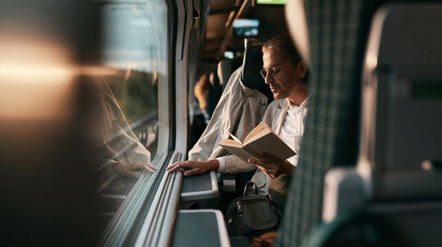 Man enjoying a book by the window, traveling on a modern train as golden hour light fills the compartment