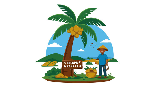 Coconut palm tree with farmer and kelapa rakyat sign.
