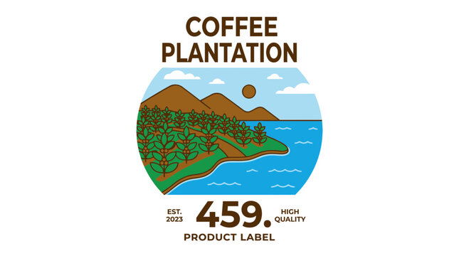 Coffee plantation landscape emblem with mountains and sea view.