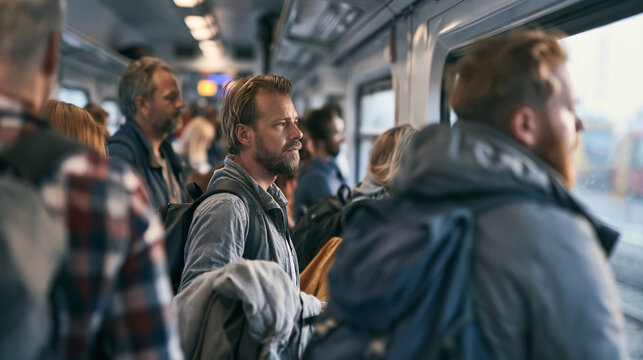 Man travelling by public transport, commuting to work or journeying on a high speed intercity train during peak hour