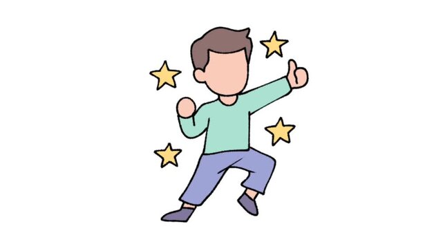 Energetic character celebrating success with stars and thumbs up