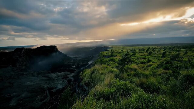 Sun rays illuminate volcanic landscape with lush green vegetation representing the Genesis creation of earth and nature. Divine light shining over tectonic land.