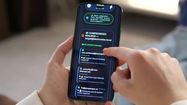 viewing a compromised mailbox with full access. The interface shows urgent funding emails, suspicious login alerts, and payroll updates. Ideal for illustrating threat detection, data breaches, and