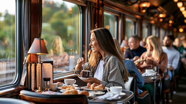 Happy woman stirring coffee, looking out window while having breakfast on a luxury train trip with other passengers