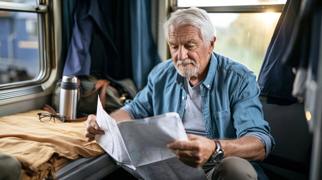 Man with gray hair sitting in a train compartment, reviewing a map for navigation during travel or vacation