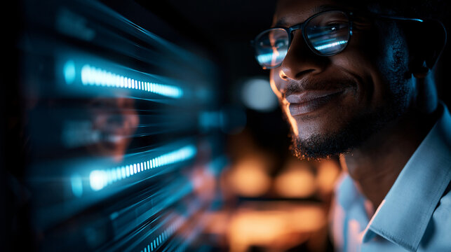 Glowing step by step progress bar UI on a large monitor with blue highlighted step one and faint smiling person reflection
