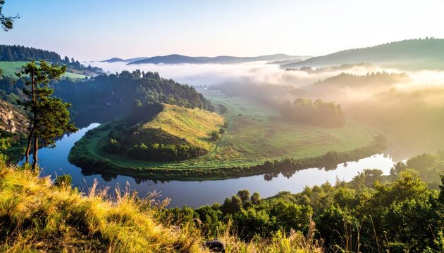 Scenic river meanders through a valley, bathed in early morning mist, creating a peaceful landscape