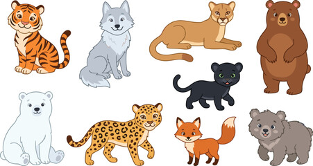 Wild Animal Cartoon Collection Featuring Tiger Wolf Cougar Bears Polar Bear Leopard Panther Fox and Woodland Wildlife Characters Vector Illustration © MdNazmul