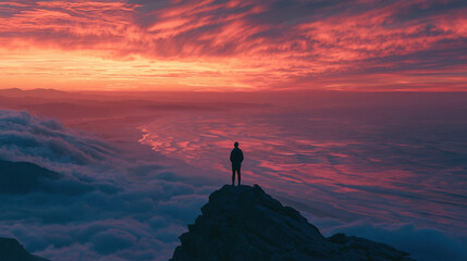 Fototapeta premium Lone silhouette of person standing on mountain peak above clouds at vibrant red sunset