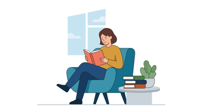 Woman Sitting on Chair Reading Book.