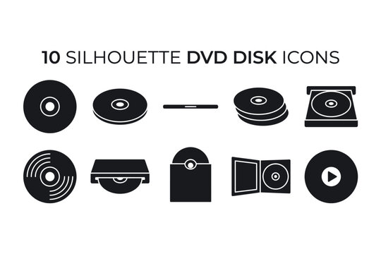 Collection of ten black silhouette icons representing DVD disks and cases on a white background