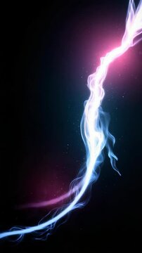 Vibrant pink and blue energy streaks dance against deep black void. Tiny glowing particles drift silently through the darkness. Dynamic light trails curve with graceful motion, glowing brightly