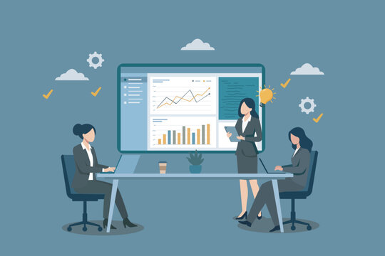 Business Women Team Analyzing Data Dashboard and Performance Concept Vector, Data Analytics and Strategy Concept