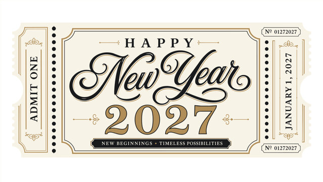 Vintage Admission Ticket Happy New Year 2027 Elegant Script, Classic 2027 New Year Coupon Retro Invitation Design, Timeless January 1 2027 Ticket Style Greeting Card