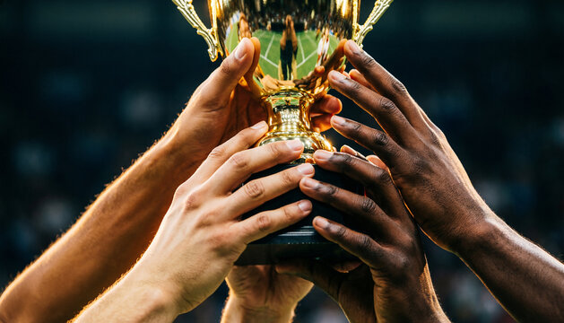 Diverse Hands Holding Gold Championship Trophy World Cup Celebration