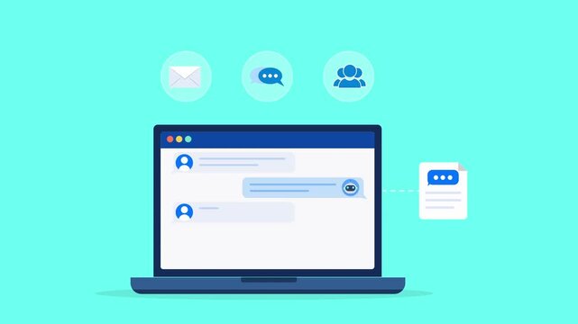 Animated flat vector dashboard on a laptop screen featuring email communication, live messaging, and cloud collaboration icons. Modern customer engagement and digital workflow concept.