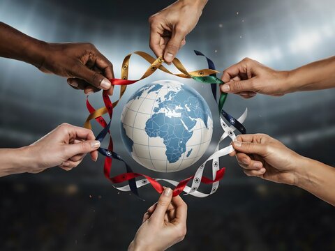 Hands forming a globe with green rope and string