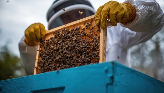 Beekeeper in protective suit inspecting a honey bee frame from a beehive