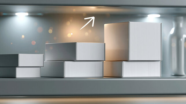 Photorealistic close-up of a retail shelf showing three product box sizes in small medium and large versions from left to right