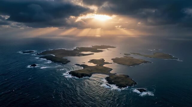 Divine light rays shining over remote islands in middle of vast ocean. Genesis creation theme representing peaceful beginning of world with golden sun illumination.