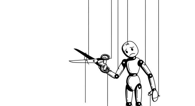 Sad Marionette Puppet Cutting Its Own Strings With Scissors