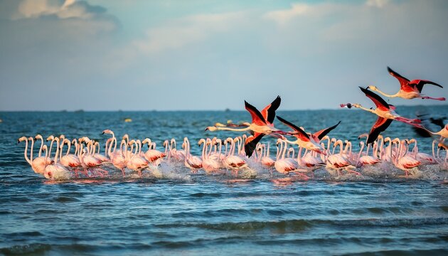 takeoff of a flock of flamingos on the sea