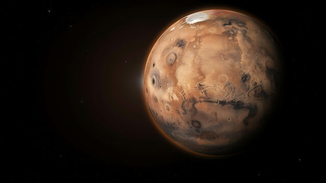 Mars planet in space, with orange and black surface details
