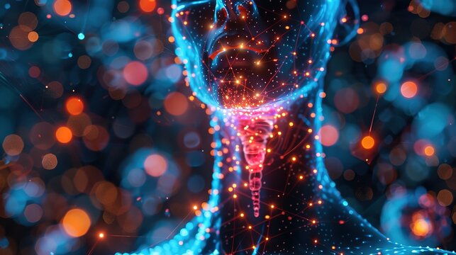 3D medical illustration of hyperthyroidism, overactive thyroid gland in human neck endocrine system, abnormal hormone secretion comparison with healthy thyroid tissue, endocrine disorder diagram 