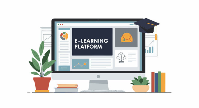 A computer monitor displays an E-learning platform on its screen