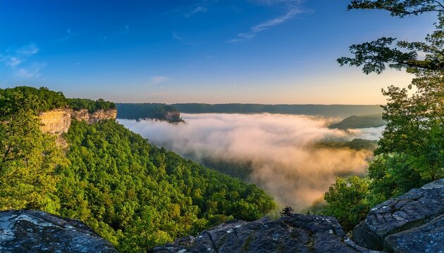 scenic summer morning over chimney rock with fog filled valley in the red river gorge near slade kentucky