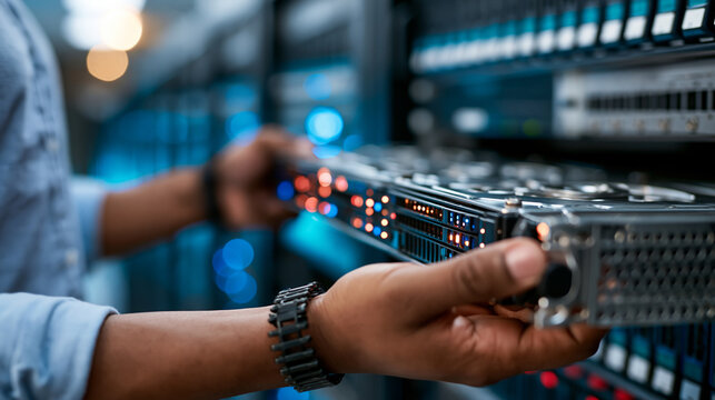 Photorealistic close up of a server unit pulled from a rack with blinking LEDs as a technician grips it wearing an anti static wrist strap