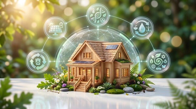 Green Technology Concept with Wooden House Model and Eco Virtual Interface