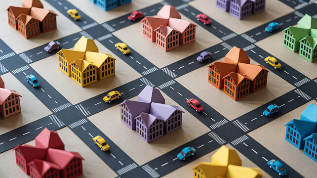 Colorful 3 d paper houses and cars on a grid road layout roads