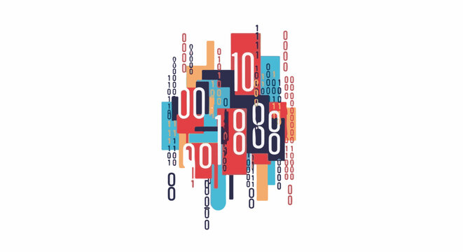A colorful graphic illustration of binary code with 0s and 1s
