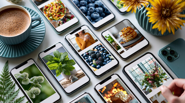 Overhead photo of a grid of smartphones on a white surface showing user generated content screens in a clean modern tech mood