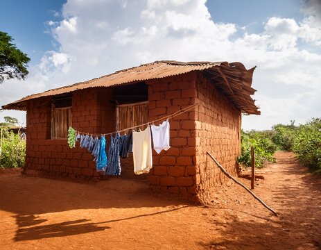 mud brick home with clothes drying on clothes line uganda africa