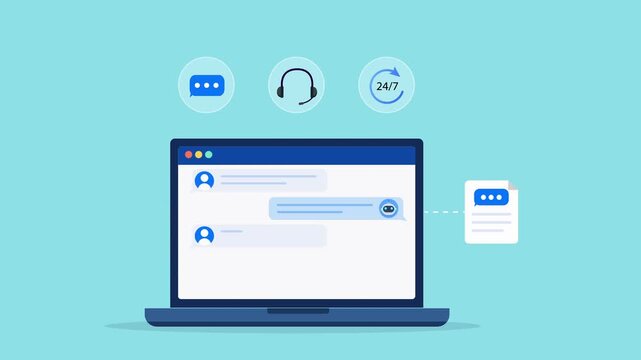 Animated flat vector dashboard on a laptop screen featuring user messaging, customer support, and twenty four hour service icons. Modern helpdesk and digital communication concept.