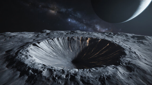 Crater on a moonlit surface, with a large crater and planet in the background, space galaxy