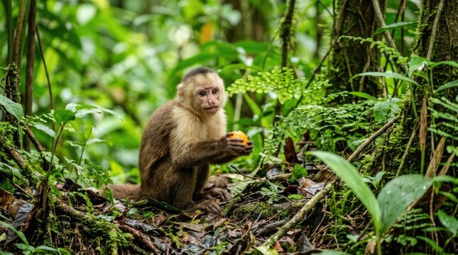 A brown capuchin monkey sits amidst lush green foliage in a tropical rainforest. The monkey holds a bright orange fruit in its hand and appears to be eating it.