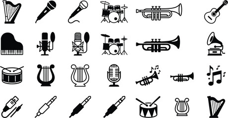 Music and Audio Equipment Icon Collection Featuring Drum, Harp, Microphone, Trumpet, Musical Note, Audio Cable, and Sound Connector Symbols, Modern Multimedia and Entertainment Design Elements  © Aditya