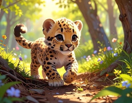 Little leopard baby walking in the forest, wildlife ai illustration, cute adorable leopard