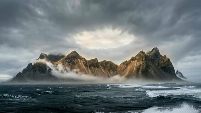 Mountain summit emerging from dark stormy ocean. Biblical land creation scene with golden light shining through clouds. Ancient wilderness origin at dawn.
